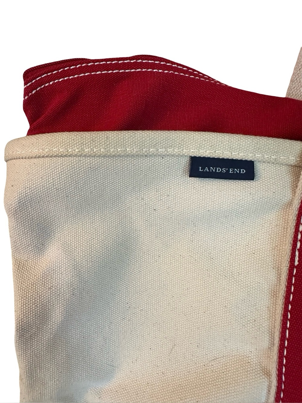 Lands' End Zip Top Canvas Tote Boat Bag Natural and Red Large - Picture 3 of 8